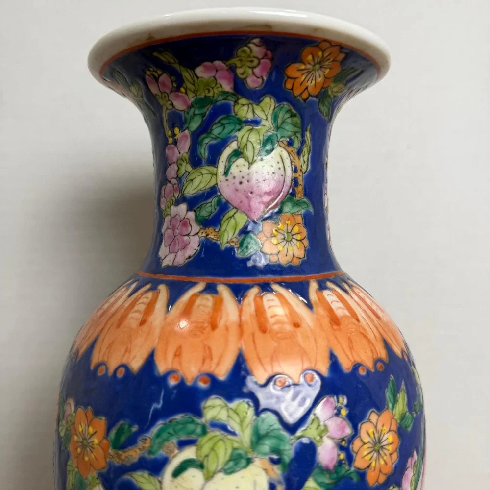 Chinese Vase Famille Rose Floral Cobalt Blue Qianlong Style Chinoiserie